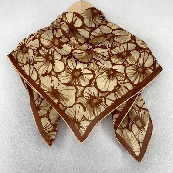 Vintage Scarf Silk Hand Rolled Floral Bandana Square Brown 31" x 30" - Picture 1 of 13